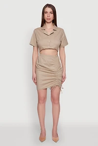 Womens Lace Up Back Button Front Cut Out Mini Dress, Beige, Size XL