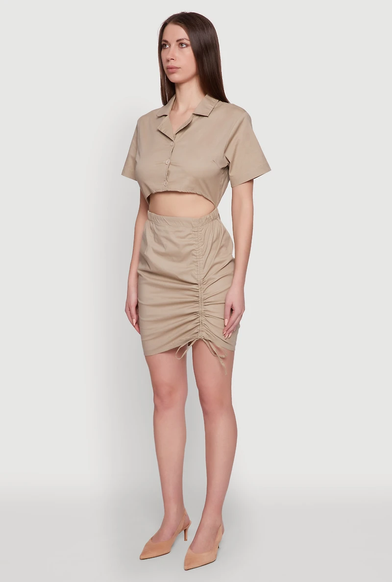 Womens Lace Up Back Button Front Cut Out Mini Dress, Beige, Size XL