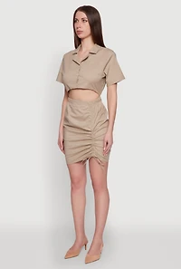 Womens Lace Up Back Button Front Cut Out Mini Dress, Beige, Size XL