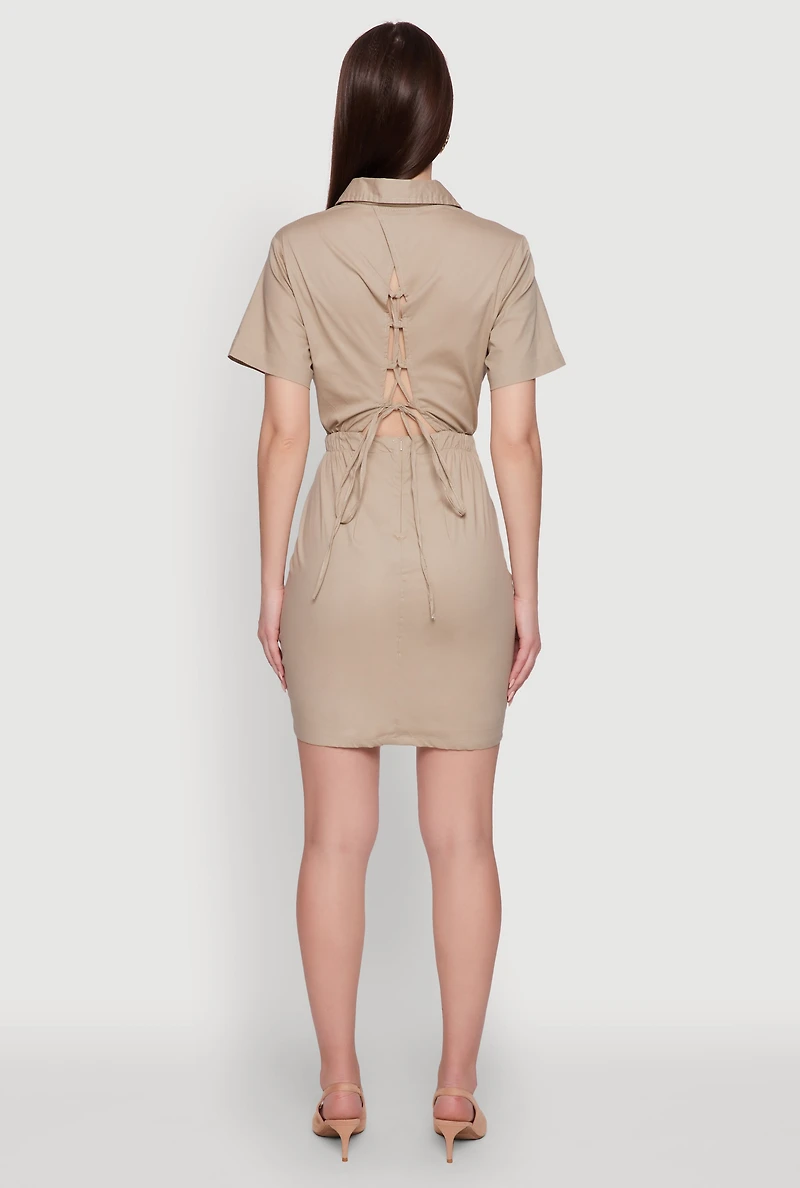 Womens Lace Up Back Button Front Cut Out Mini Dress,