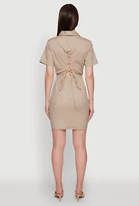 Womens Lace Up Back Button Front Cut Out Mini Dress,