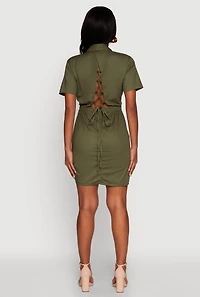 Womens Lace Up Back Button Front Cut Out Mini Dress, L
