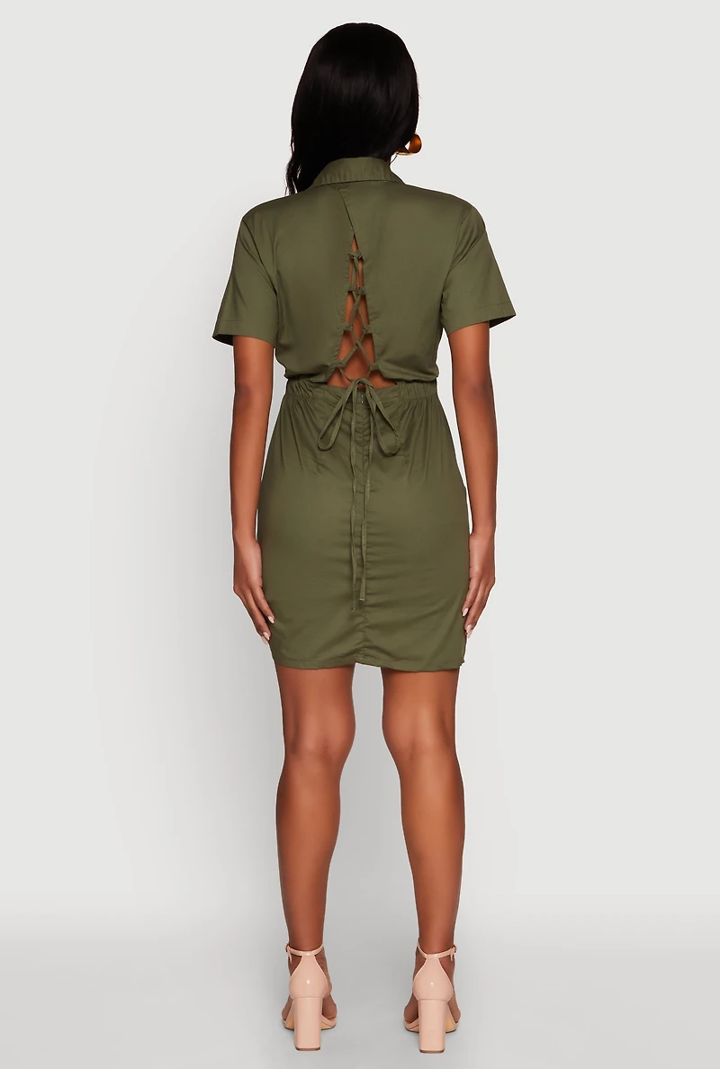 Womens Lace Up Back Button Front Cut Out Mini Dress, Green, Size S
