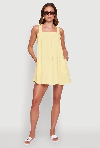 Womens Chic Gauze Knit Ruched Shift Dress, Yellow, Size XL