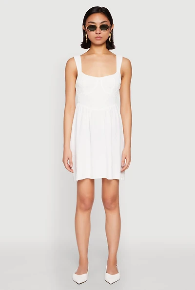 Womens Airy Crepe Knit Bustier Skater Dress, White, Size S