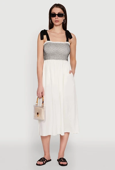 Tie Shoulder Fishnet Detail Midi Dress