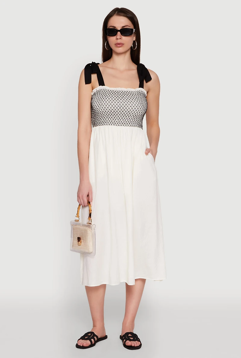 Tie Shoulder Fishnet Detail Midi Dress