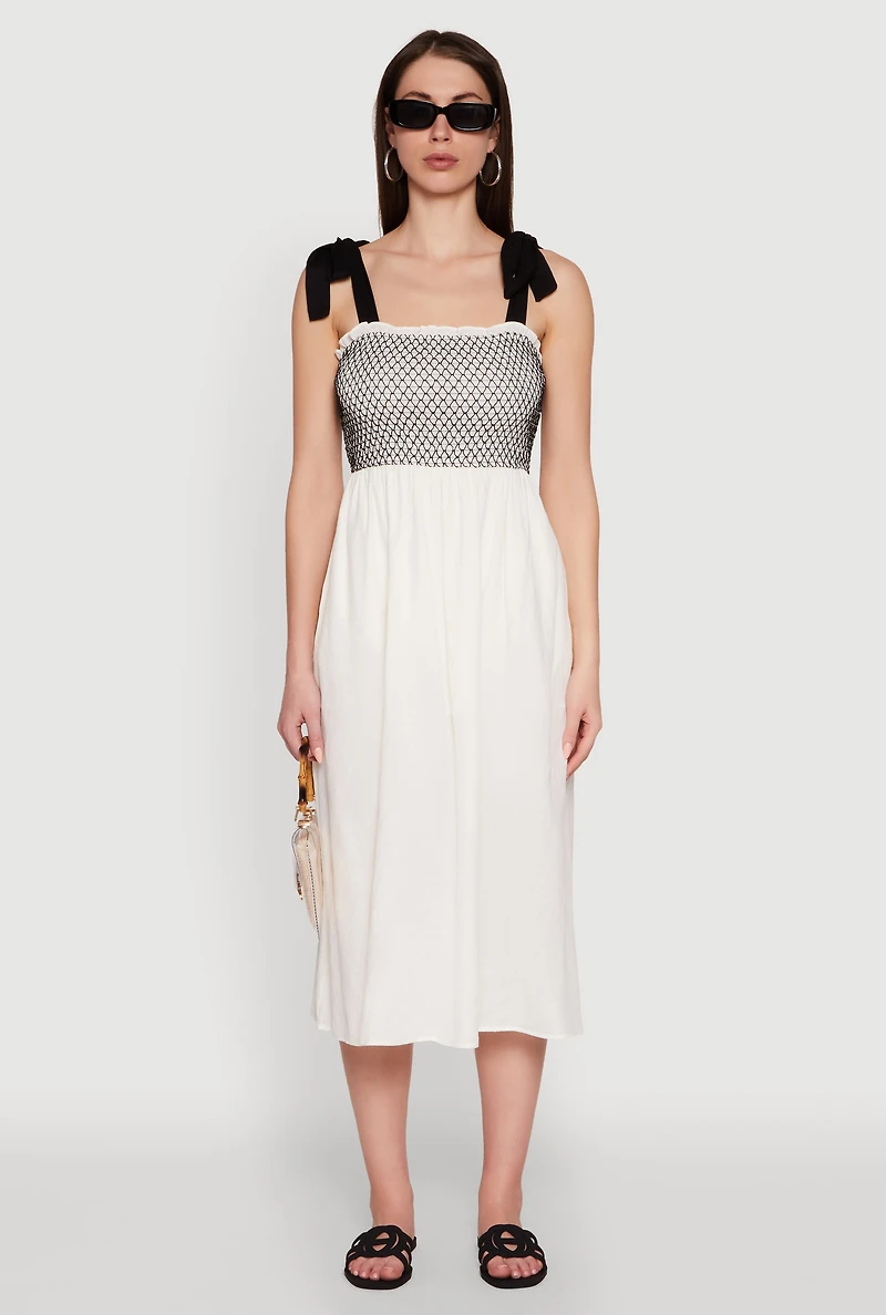 Tie Shoulder Fishnet Detail Midi Dress