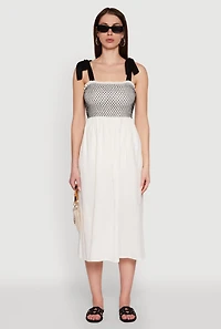 Tie Shoulder Fishnet Detail Midi Dress