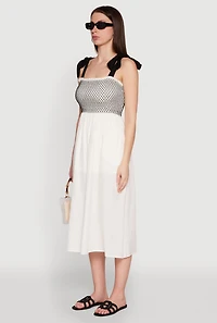 Tie Shoulder Fishnet Detail Midi Dress