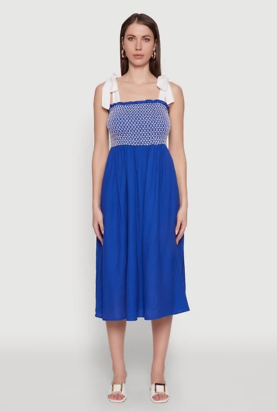 Womens Tie Shoulder Fishnet Detail Midi Dress,