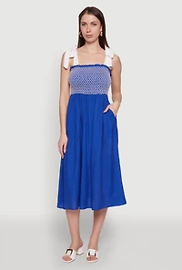 Tie Shoulder Fishnet Detail Midi Dress