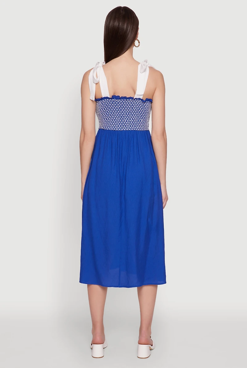 Tie Shoulder Fishnet Detail Midi Dress