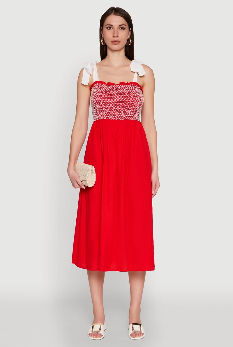 Womens Tie Shoulder Fishnet Detail Midi Dress, Red, Size M