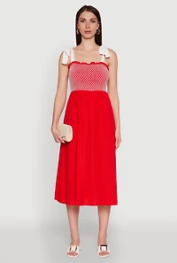 Womens Tie Shoulder Fishnet Detail Midi Dress, Red, Size M