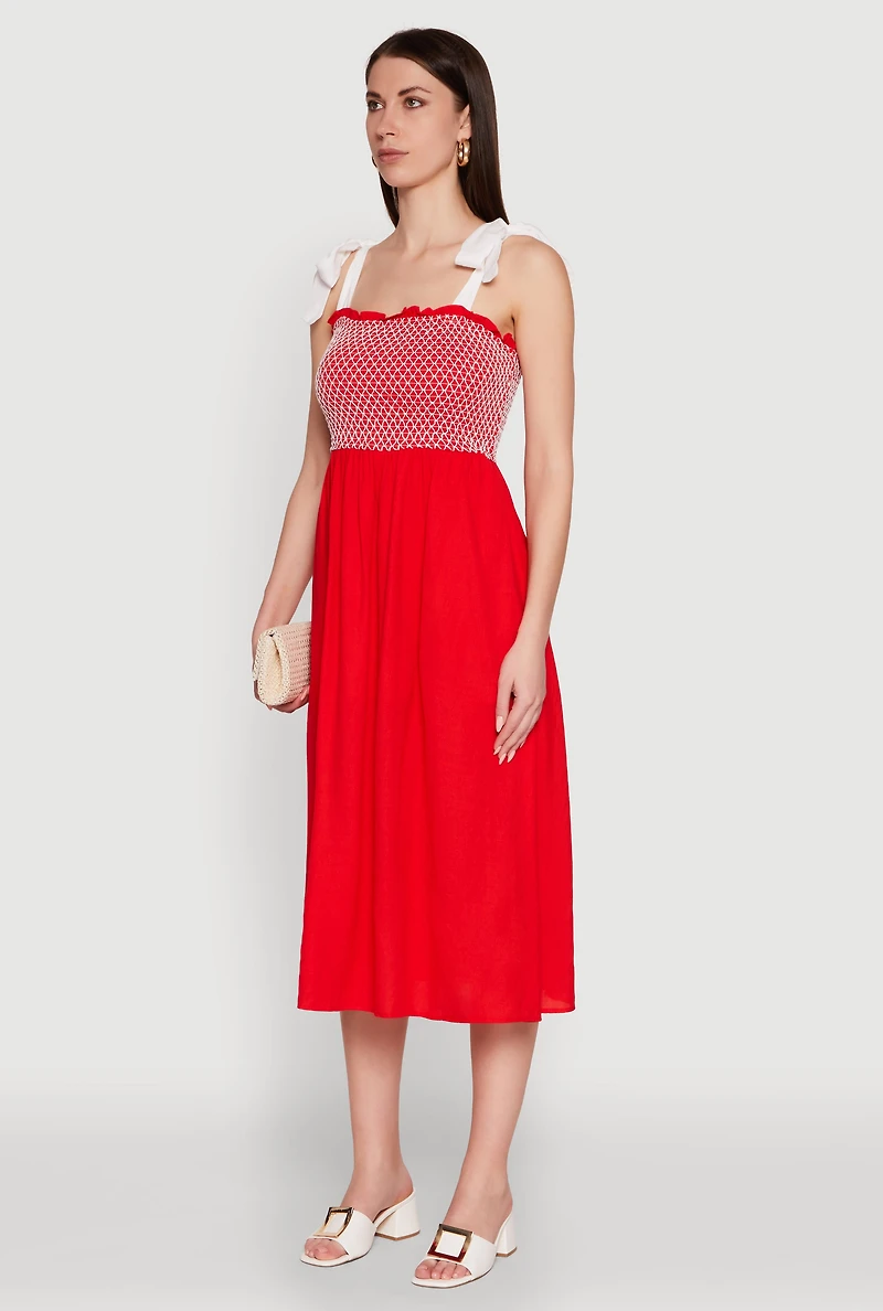 Womens Tie Shoulder Fishnet Detail Midi Dress, Red, Size M
