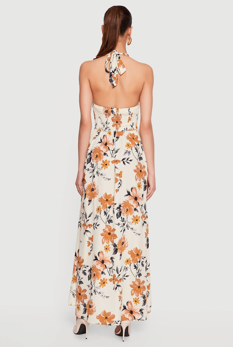 Floral Print Smocked Back Halter Maxi Dress
