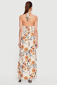 Floral Print Smocked Back Halter Maxi Dress