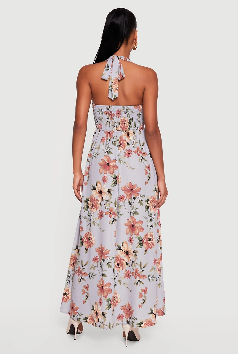 Floral Print Smocked Back Halter Maxi Dress