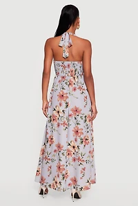 Floral Print Smocked Back Halter Maxi Dress
