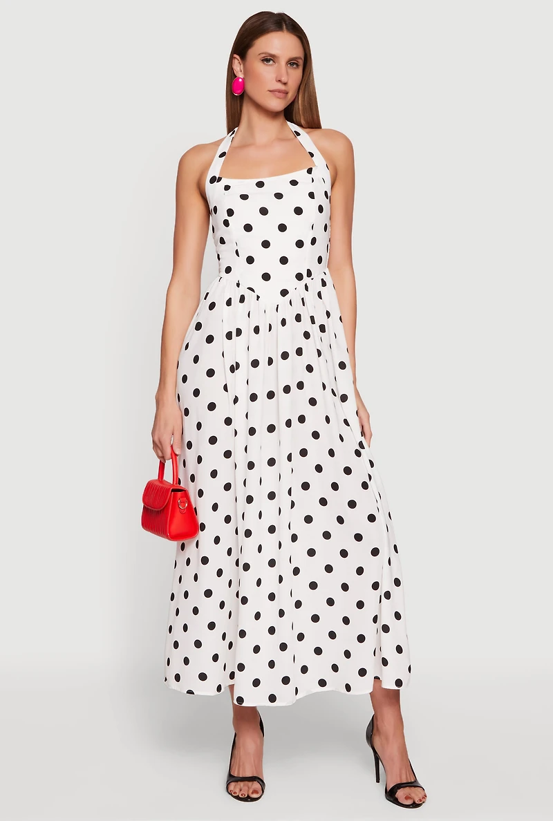 Polka Dot Smocked Back Halter Maxi Dress