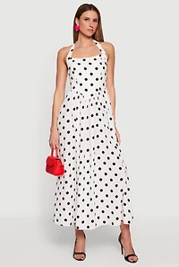 Polka Dot Smocked Back Halter Maxi Dress
