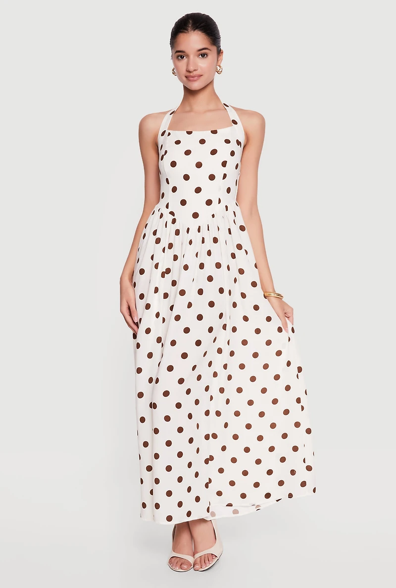 Polka Dot Smocked Back Halter Maxi Dress