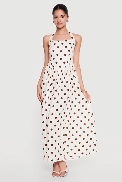 Polka Dot Smocked Back Halter Maxi Dress