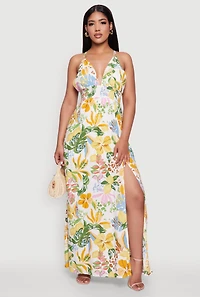 Womens Chic Floral Sleeveless Sundress with Side Slit and Caged Back, Multi,