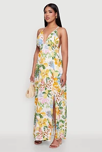 Womens Chic Floral Sleeveless Sundress with Side Slit and Caged Back, Multi,
