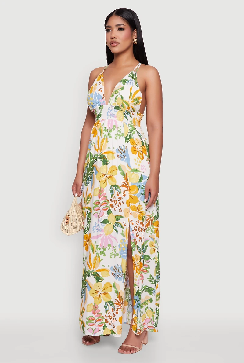 Womens Chic Floral Sleeveless Sundress with Side Slit and Caged Back, Multi,