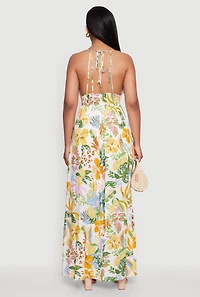 Womens Chic Floral Sleeveless Sundress with Side Slit and Caged Back, Multi,