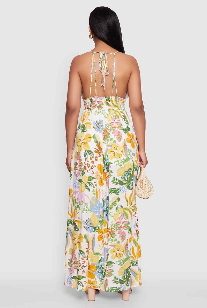 Womens Chic Floral Sleeveless Sundress with Side Slit and Caged Back, Multi,
