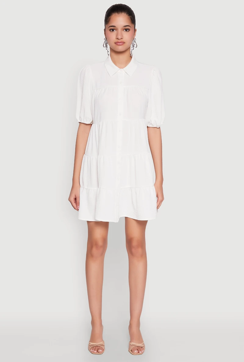 Womens Airy Button Front Tiered Mini Dress, White,