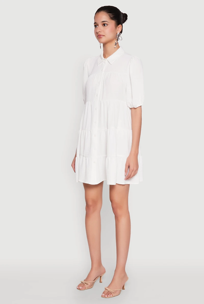 Womens Airy Button Front Tiered Mini Dress,