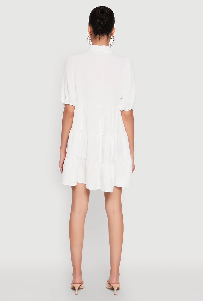 Womens Airy Button Front Tiered Mini Dress,