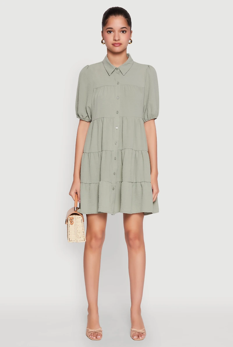 Womens Airy Button Front Tiered Mini Dress, Green, Size M