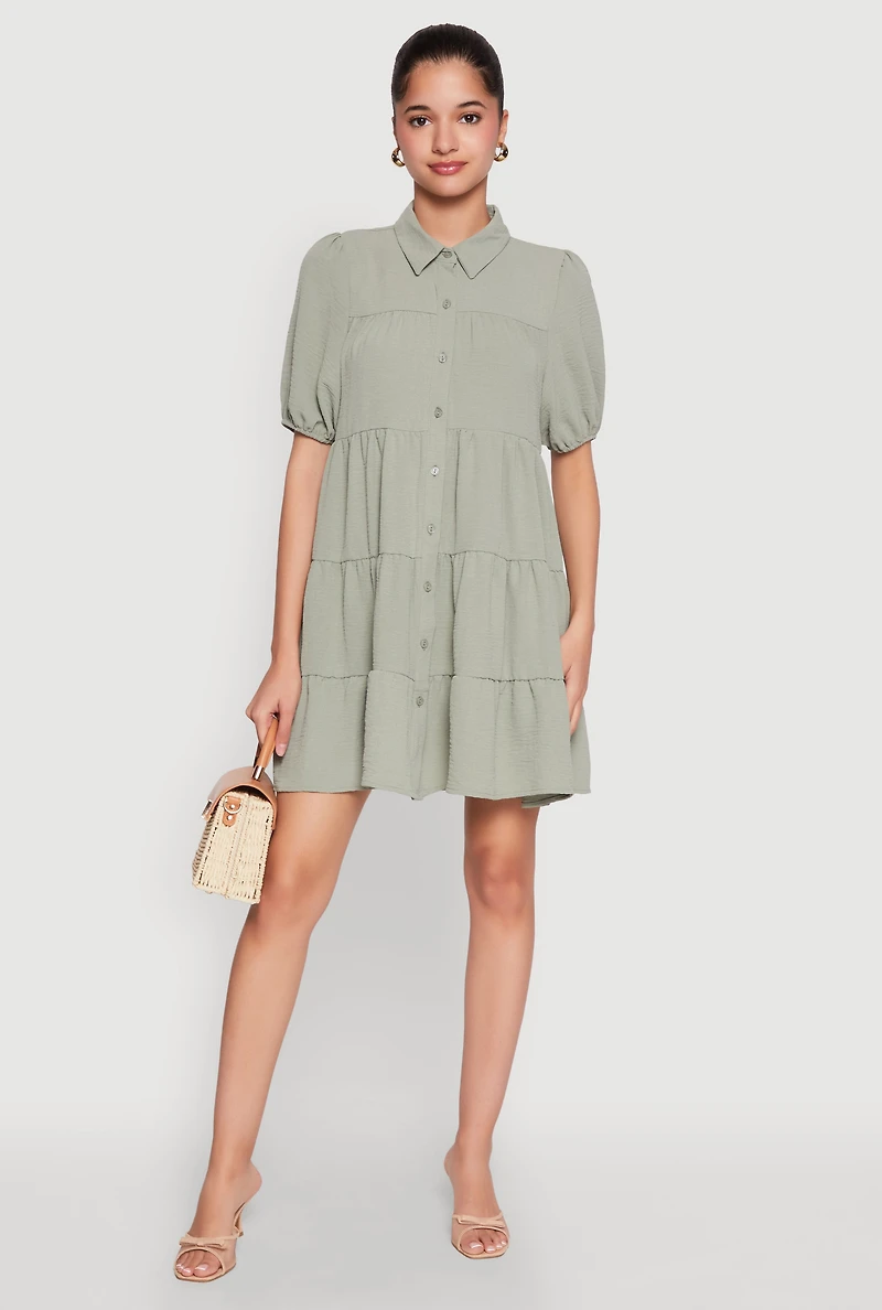 Womens Airy Button Front Tiered Mini Dress, Green, Size M