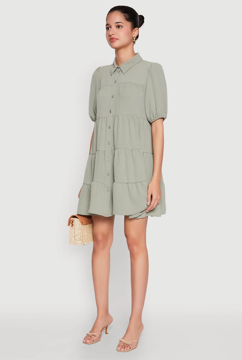 Womens Airy Button Front Tiered Mini Dress,