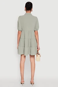 Womens Airy Button Front Tiered Mini Dress, Green, Size XL