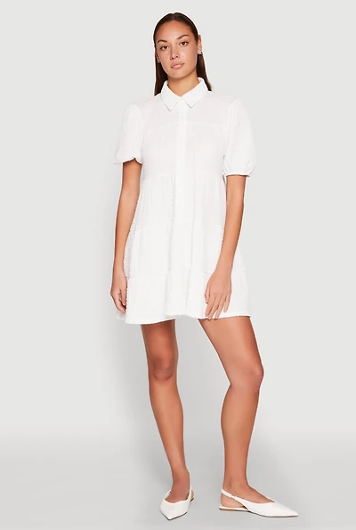 Womens Crepe Knit Button Front Tiered Dress, White, Size M