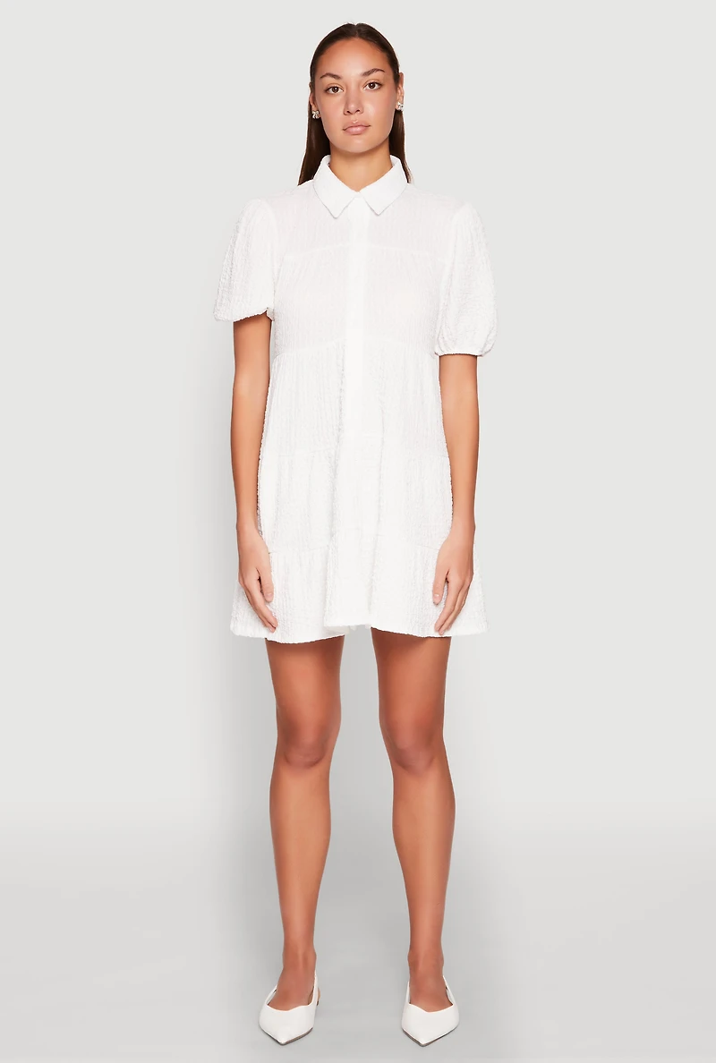 Womens Crepe Knit Button Front Tiered Dress, White, Size L