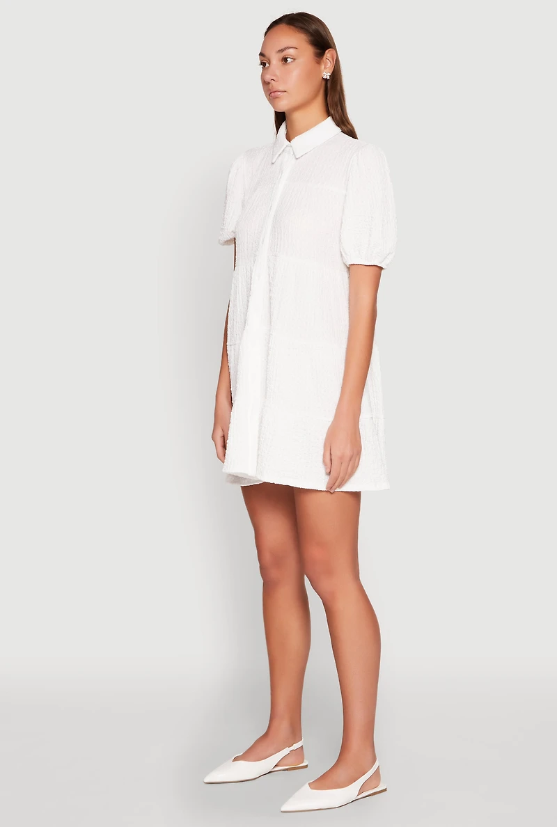 Womens Crepe Knit Button Front Tiered Dress, White, Size L