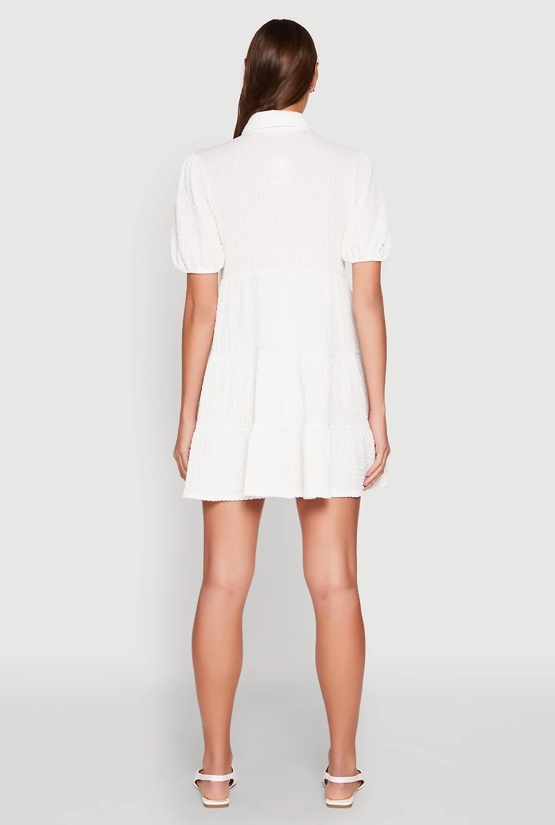 Womens Crepe Knit Button Front Tiered Dress, White, Size L