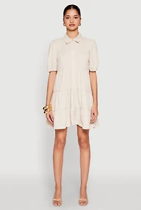Womens Crepe Knit Button Front Tiered Dress, Beige, Size L