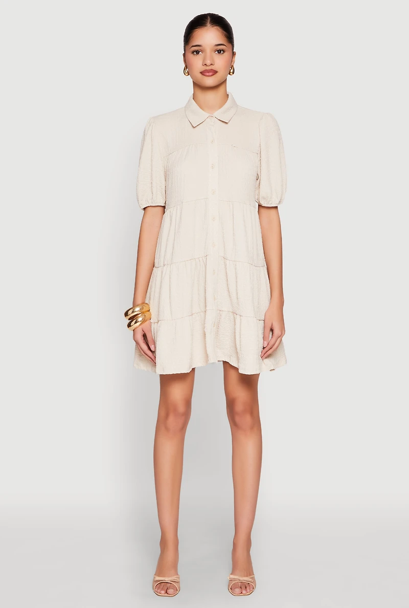 Womens Crepe Knit Button Front Tiered Dress, Beige,