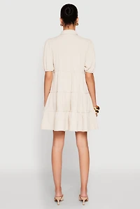 Womens Crepe Knit Button Front Tiered Dress, Beige, Size L