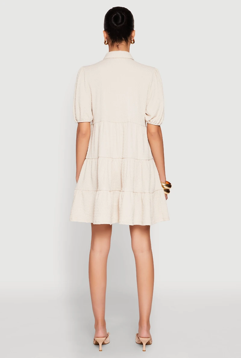 Womens Crepe Knit Button Front Tiered Dress, Beige,