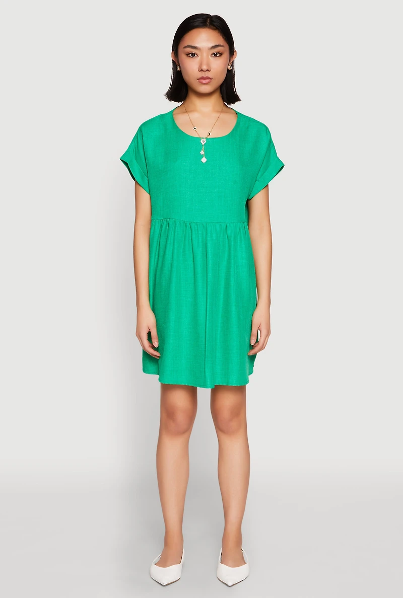 Womens Linen Fixed Cuff Babydoll Shift Dress, Green, Size XL
