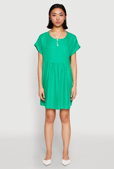 Womens Linen Fixed Cuff Babydoll Shift Dress, Green, Size XL